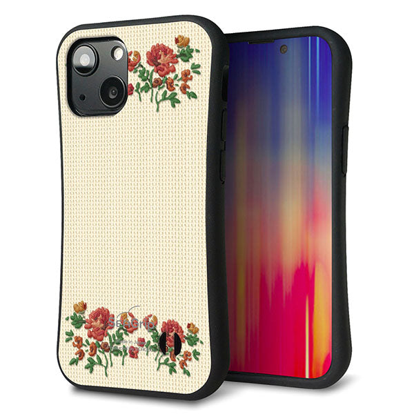 iPhone13 mini スマホケース 「SEA Grip」 グリップケース Sライン 【KM941 花刺繍風 レッドフラワー オフホワイト 】 UV印刷