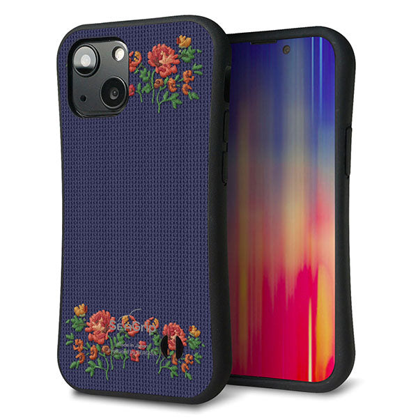 iPhone13 mini スマホケース 「SEA Grip」 グリップケース Sライン 【KM943 花刺繍風 レッドフラワー ネイビー 】 UV印刷
