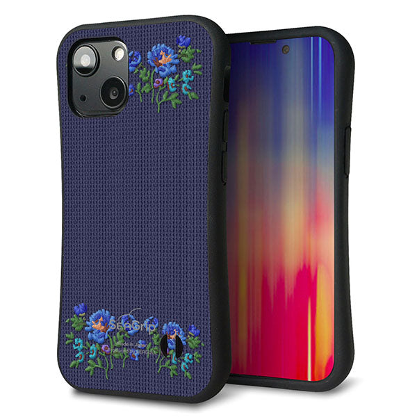 iPhone13 mini スマホケース 「SEA Grip」 グリップケース Sライン 【KM944 花刺繍風 ブルーフラワー オフホワイト 】 UV印刷