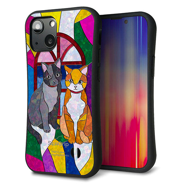 iPhone13 mini スマホケース 「SEA Grip」 グリップケース Sライン 【MA995 ステンドグラス ネコ】 UV印刷