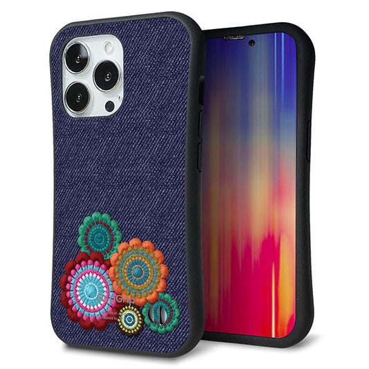iPhone13 Pro スマホケース 「SEA Grip」 グリップケース Sライン 【KM934 エスニックフラワー デニム】 UV印刷