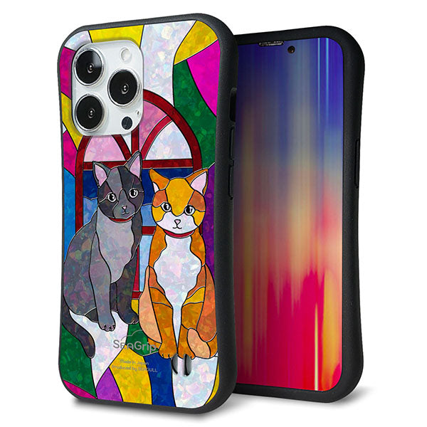 iPhone13 Pro スマホケース 「SEA Grip」 グリップケース Sライン 【MA995 ステンドグラス ネコ】 UV印刷