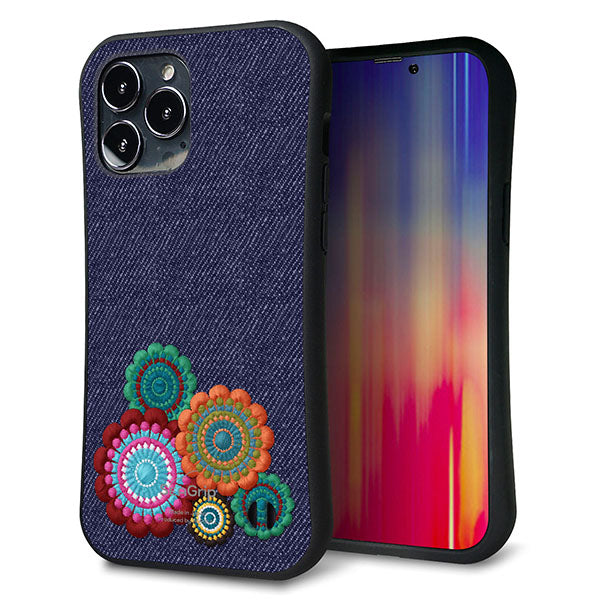 iPhone13 Pro Max スマホケース 「SEA Grip」 グリップケース Sライン 【KM934 エスニックフラワー デニム】 UV印刷