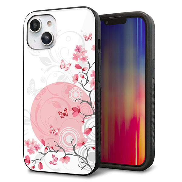 iPhone14 強化ガラス&TPUスマホケース ガラプリ【030 花と蝶(うす桃色)】