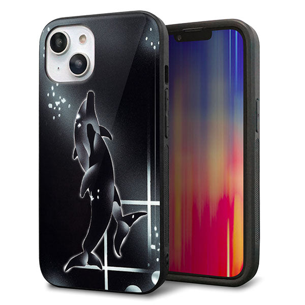 iPhone14 強化ガラス&TPUスマホケース ガラプリ【158 ブラックドルフィン】
