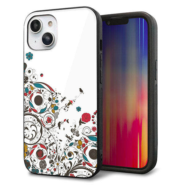 iPhone14 強化ガラス&TPUスマホケース ガラプリ【EK908 カラフルな花と鳥】