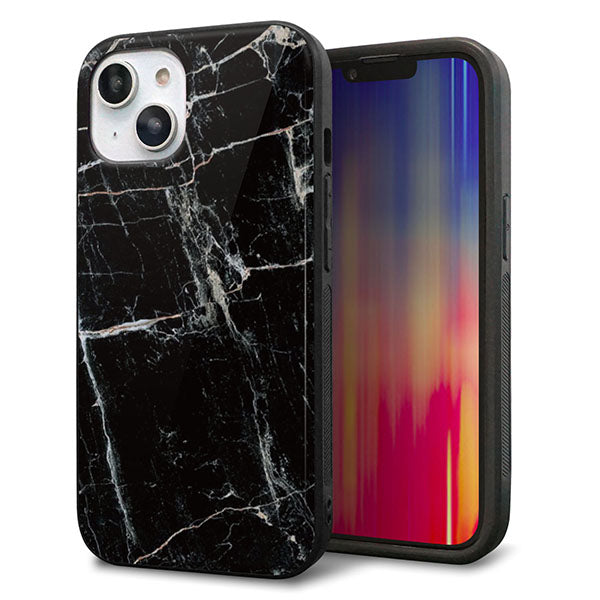 iPhone14 強化ガラス&TPUスマホケース ガラプリ【KM867 大理石BK】