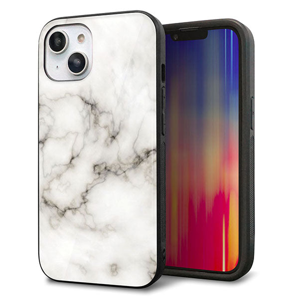 iPhone14 強化ガラス&TPUスマホケース ガラプリ【KM871 大理石WH】