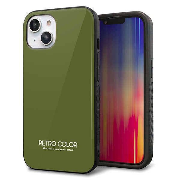 iPhone14 強化ガラス&TPUスマホケース ガラプリ【KM916 レトロカラー(カーキ)】