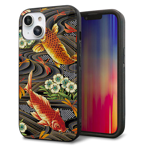 iPhone14 強化ガラス&TPUスマホケース ガラプリ【MA963 着物柄 鶴鯉 A】