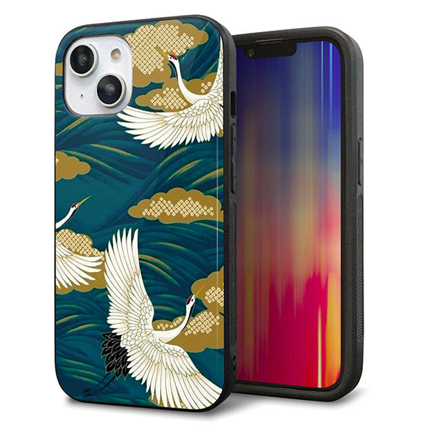 iPhone14 強化ガラス&TPUスマホケース ガラプリ【MA964 着物柄 鶴鯉 B】