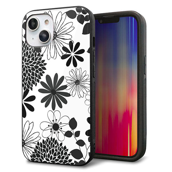 iPhone14 強化ガラス&TPUスマホケース ガラプリ【SC912 花柄モノトーン 01】