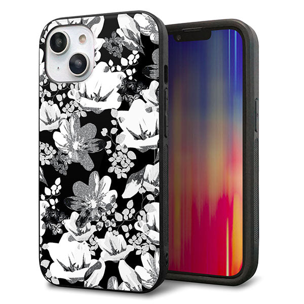 iPhone14 強化ガラス&TPUスマホケース ガラプリ【SC913 花柄モノトーン 02】