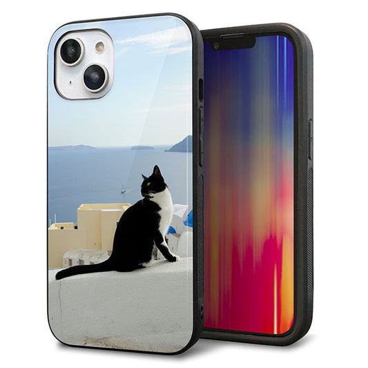 iPhone14 強化ガラス＆TPUスマホケース ガラプリ【VA805 ネコと地中海】