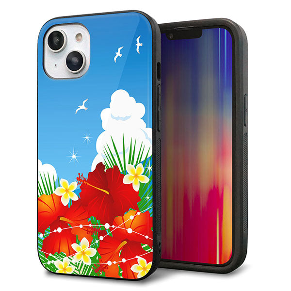 iPhone14 強化ガラス&TPUスマホケース ガラプリ【VA821 ハイビスカスと青空】
