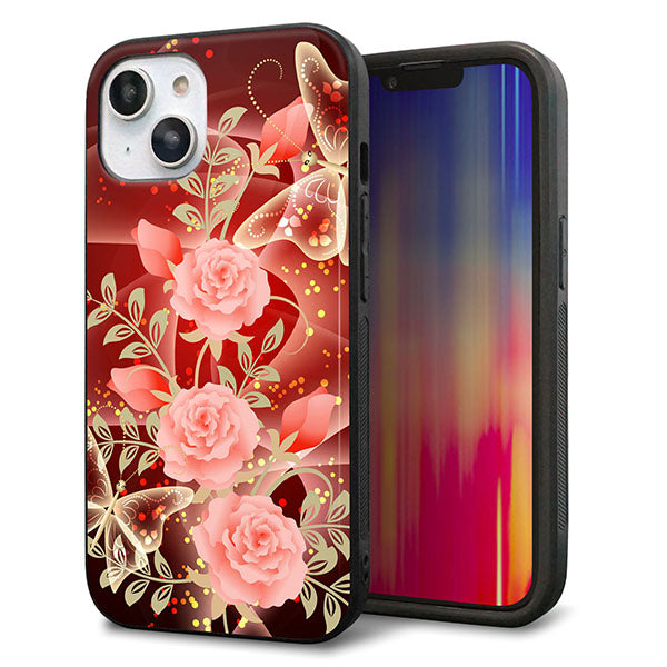 iPhone14 強化ガラス&TPUスマホケース ガラプリ【VA824 魅惑の蝶とピンクのバラ】