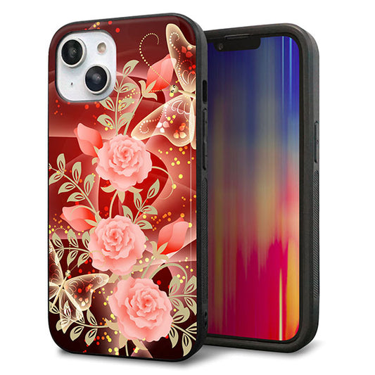 iPhone14 強化ガラス＆TPUスマホケース ガラプリ【VA824 魅惑の蝶とピンクのバラ】