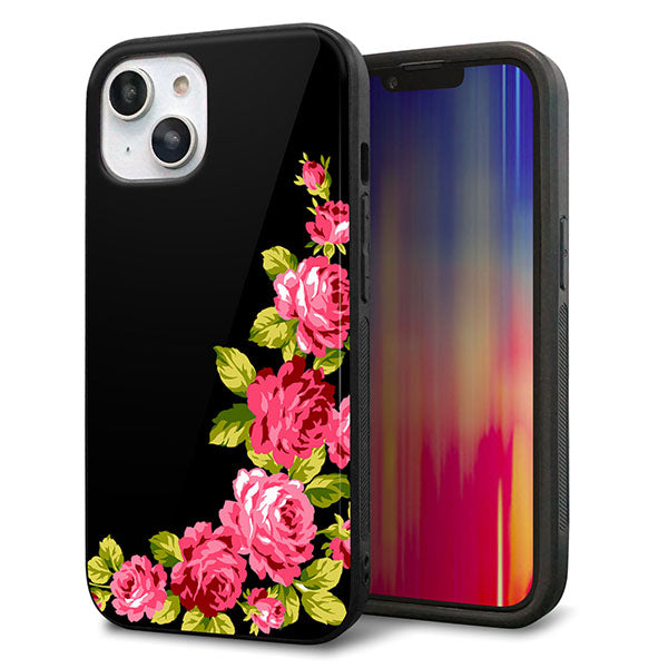 iPhone 14 強化ガラス&TPUスマホケース ガラプリ【VA826 バラのフレーム(黒)】
