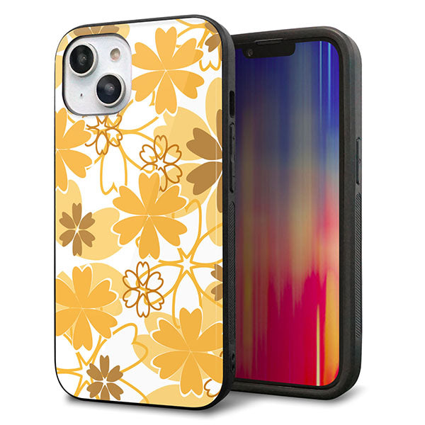 iPhone14 強化ガラス&TPUスマホケース ガラプリ【VA959 重なり合う花 オレンジ】