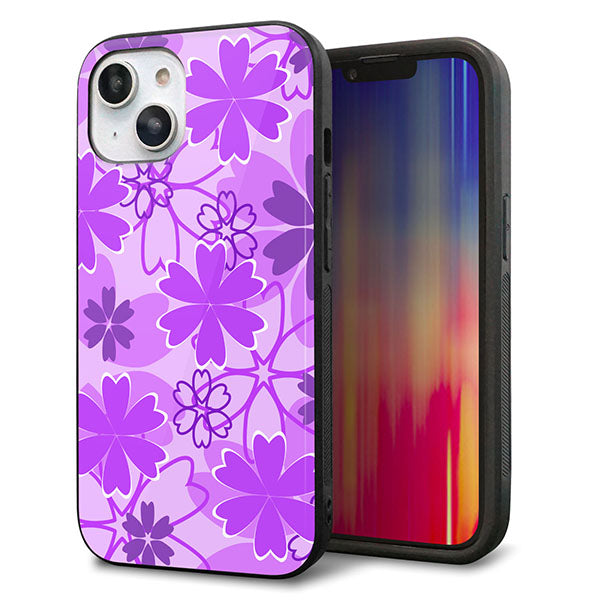 iPhone14 強化ガラス&TPUスマホケース ガラプリ【VA960 重なり合う花 パープル】