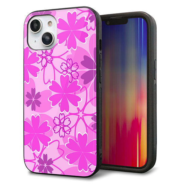 iPhone14 強化ガラス&TPUスマホケース ガラプリ【VA961 重なり合う花 ピンク】