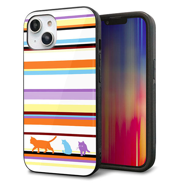 iPhone14 強化ガラス&TPUスマホケース ガラプリ【YA887 ストライプネコ01】