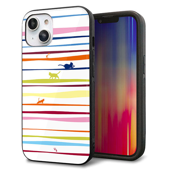 iPhone14 強化ガラス&TPUスマホケース ガラプリ【YA893 ストライプネコ02 L】