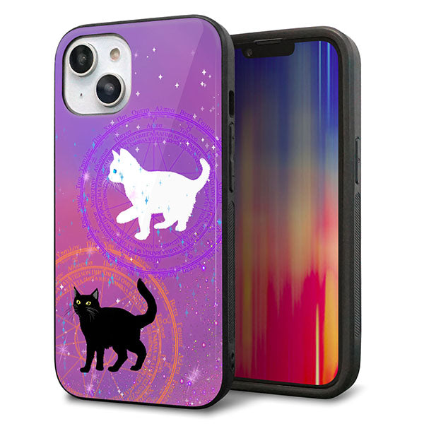iPhone14 強化ガラス&TPUスマホケース ガラプリ【YJ328 魔法陣猫 キラキラ かわいい ピンク】
