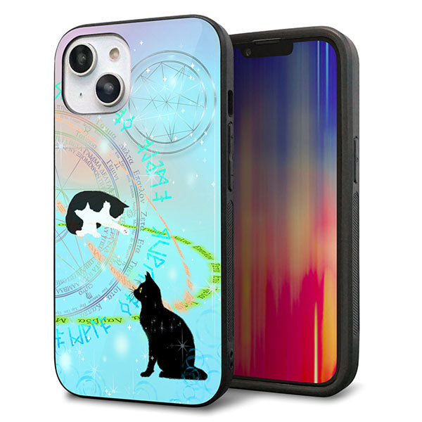 iPhone14 強化ガラス&TPUスマホケース ガラプリ【YJ329 魔法陣猫 キラキラ パステル】