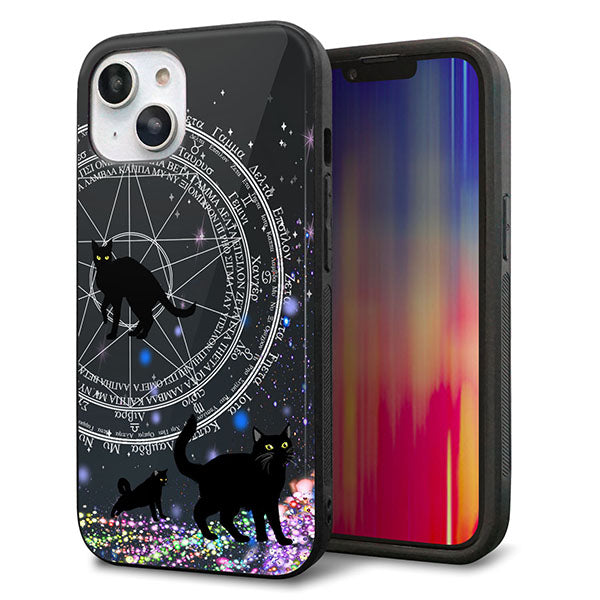 iPhone14 強化ガラス&TPUスマホケース ガラプリ【YJ330 魔法陣猫 キラキラ 黒猫】