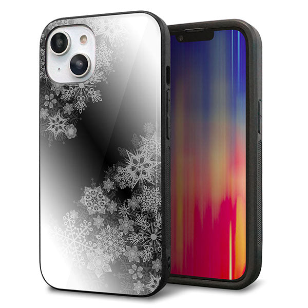 iPhone14 強化ガラス&TPUスマホケース ガラプリ【YJ340 モノトーン 雪の結晶 】