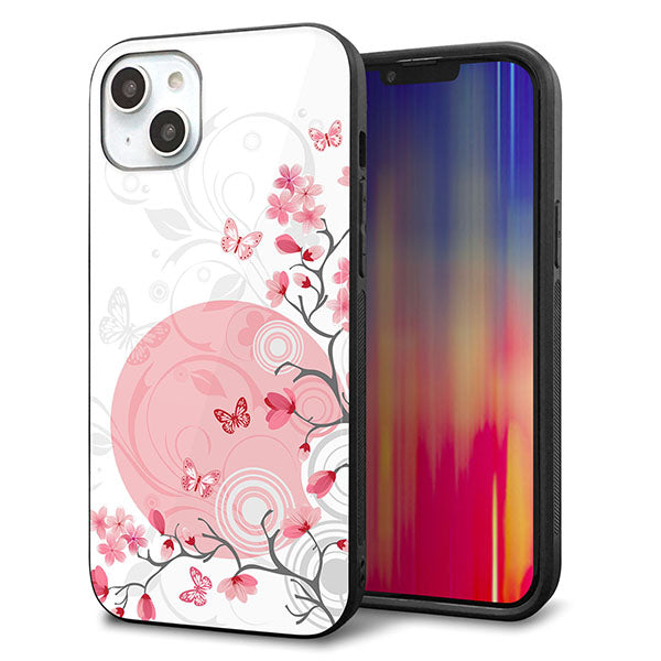 iPhone14 Plus 強化ガラス&TPUスマホケース ガラプリ【030 花と蝶(うす桃色)】