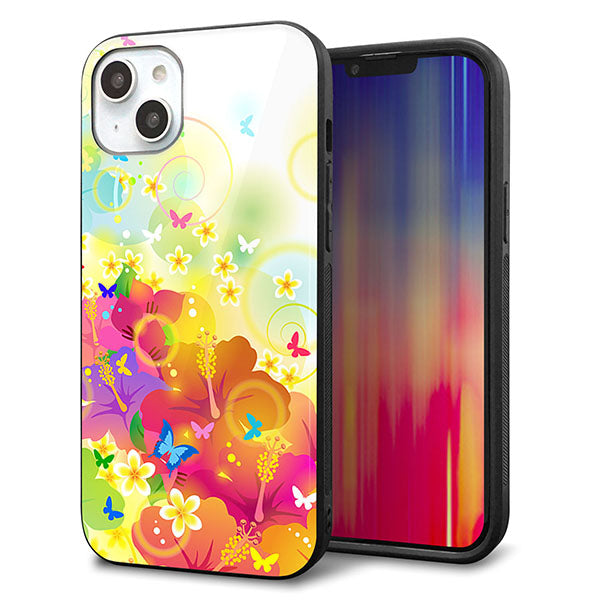 iPhone14 Plus 強化ガラス&TPUスマホケース ガラプリ【647 ハイビスカスと蝶】