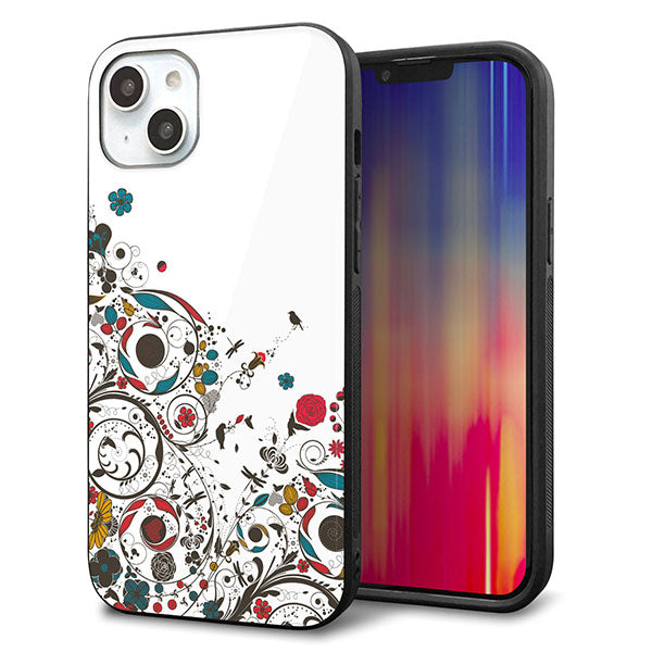 iPhone14 Plus 強化ガラス&TPUスマホケース ガラプリ【EK908 カラフルな花と鳥】