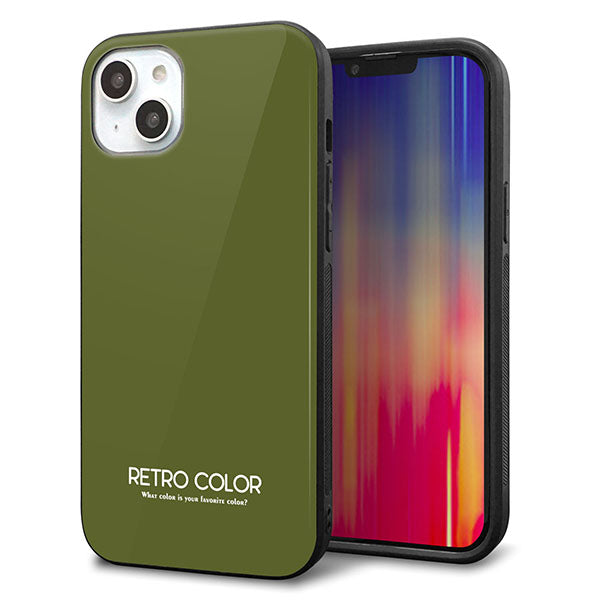 iPhone14 Plus 強化ガラス&TPUスマホケース ガラプリ【KM916 レトロカラー(カーキ)】