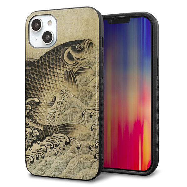 iPhone14 Plus 強化ガラス&TPUスマホケース ガラプリ【MA970 和柄 鶴鯉 B】