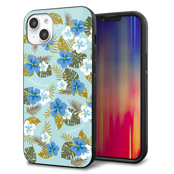 iPhone14 Plus 強化ガラス&TPUスマホケース ガラプリ【SC883 ハワイアンアロハレトロ(ブルー)】