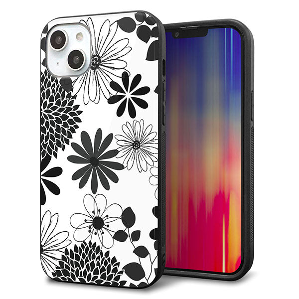 iPhone14 Plus 強化ガラス&TPUスマホケース ガラプリ【SC912 花柄モノトーン 01】