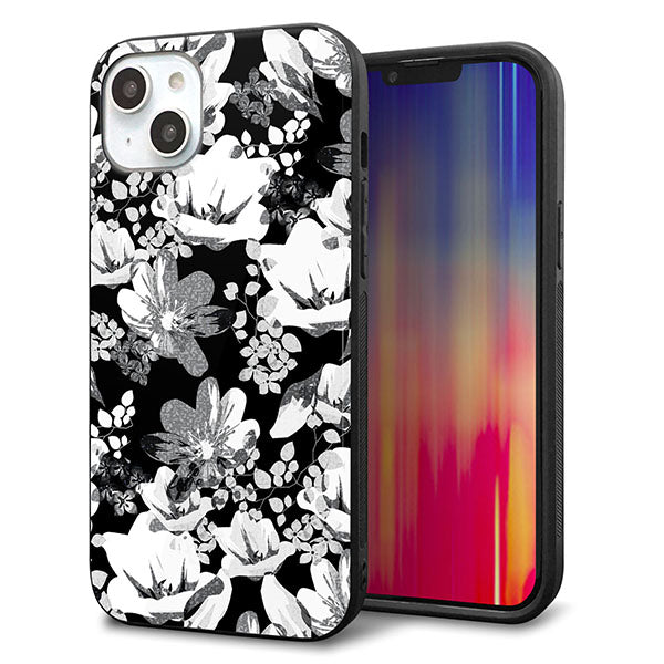 iPhone14 Plus 強化ガラス&TPUスマホケース ガラプリ【SC913 花柄モノトーン 02】