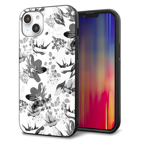 iPhone14 Plus 強化ガラス&TPUスマホケース ガラプリ【SC914 花柄モノトーン 03】