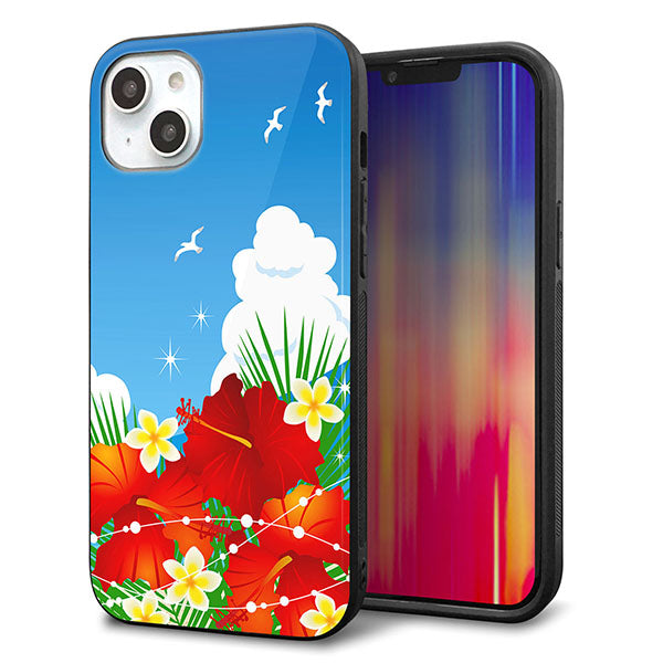 iPhone14 Plus 強化ガラス&TPUスマホケース ガラプリ【VA821 ハイビスカスと青空】