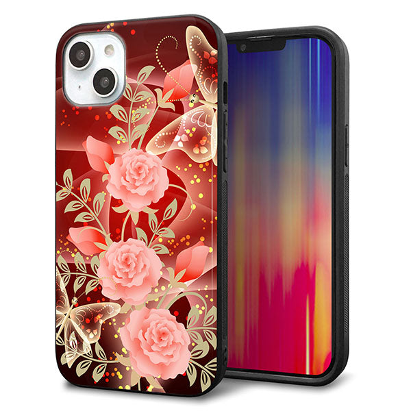 iPhone14 Plus 強化ガラス&TPUスマホケース ガラプリ【VA824 魅惑の蝶とピンクのバラ】