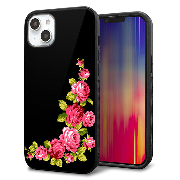 iPhone14 Plus 強化ガラス&TPUスマホケース ガラプリ【VA826 バラのフレーム(黒)】