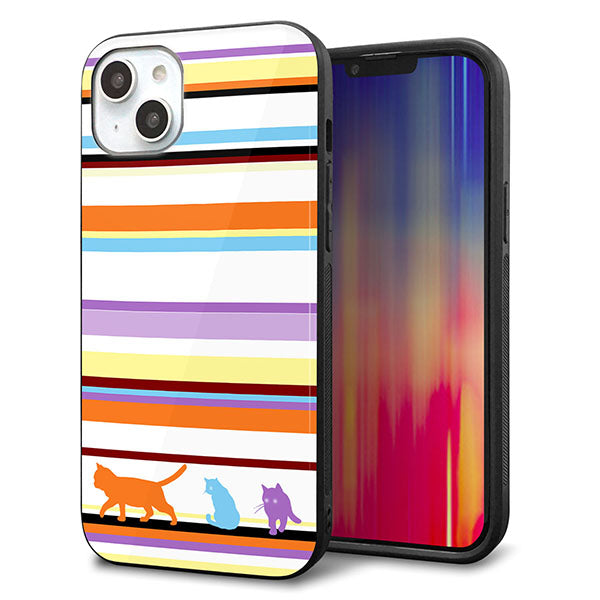 iPhone14 Plus 強化ガラス&TPUスマホケース ガラプリ【YA887 ストライプネコ01】