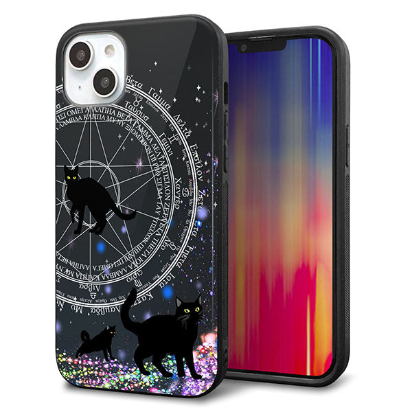 iPhone14 Plus 強化ガラス&TPUスマホケース ガラプリ【YJ330 魔法陣猫 キラキラ 黒猫】
