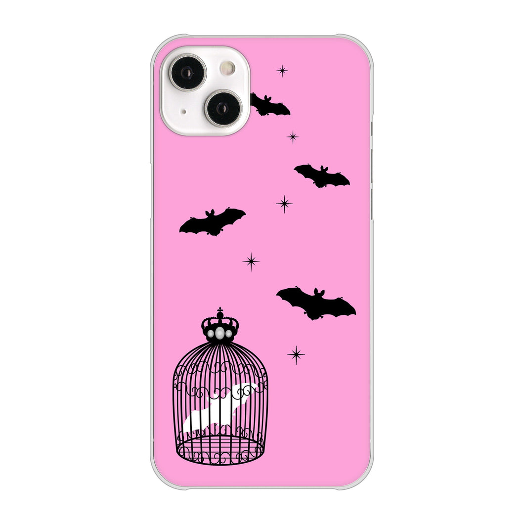iPhone14 Plus 高画質仕上げ 背面印刷 ハードケース【AG808 こうもりの王冠鳥かご(ピンク×黒)】