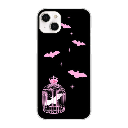 iPhone14 Plus 高画質仕上げ 背面印刷 ハードケース【AG809 こうもりの王冠鳥かご(黒×ピンク)】