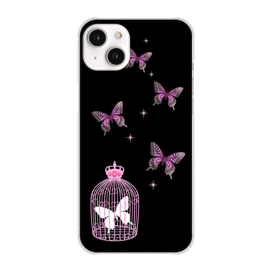 iPhone14 Plus 高画質仕上げ 背面印刷 ハードケース【AG811 蝶の王冠鳥かご(黒×ピンク)】