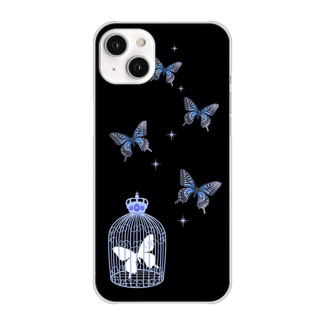 iPhone14 Plus 高画質仕上げ 背面印刷 ハードケース【AG812 蝶の王冠鳥かご(黒×青)】