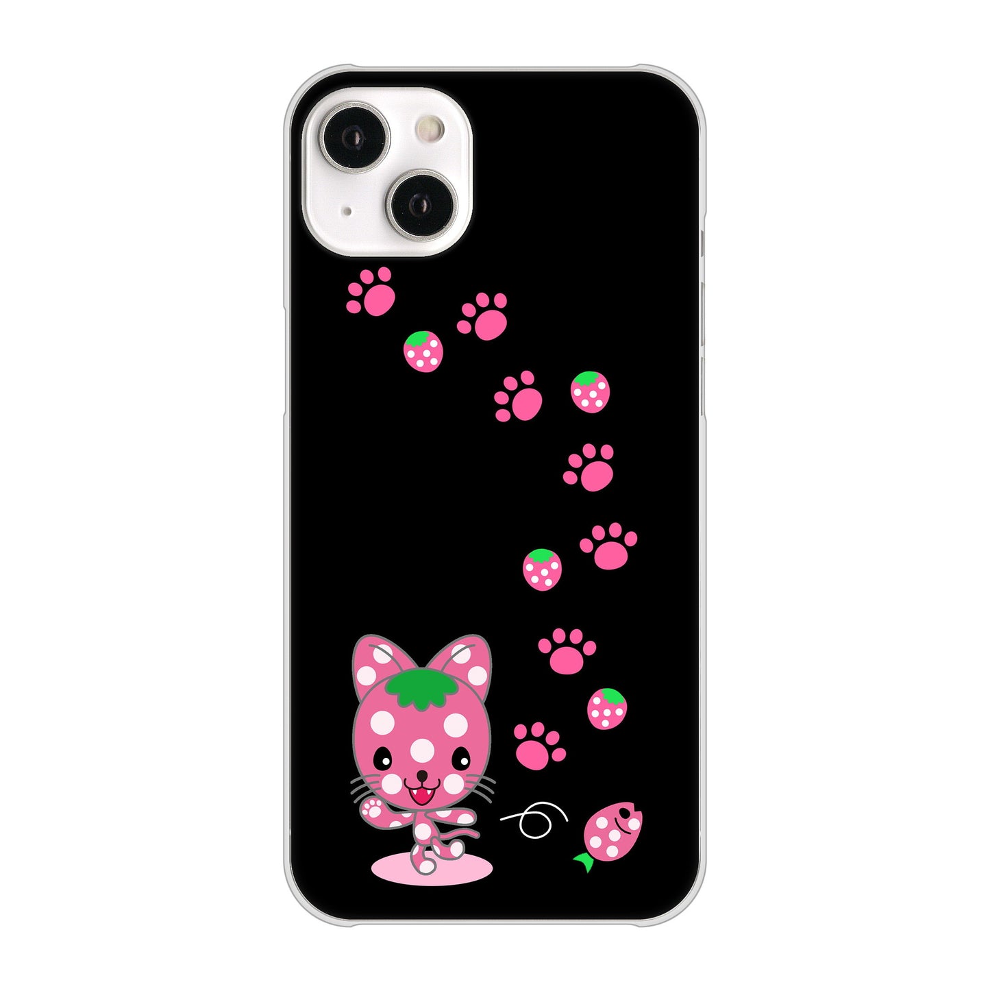 iPhone14 Plus 高画質仕上げ 背面印刷 ハードケース【AG820 イチゴ猫のにゃんベリー(黒)】